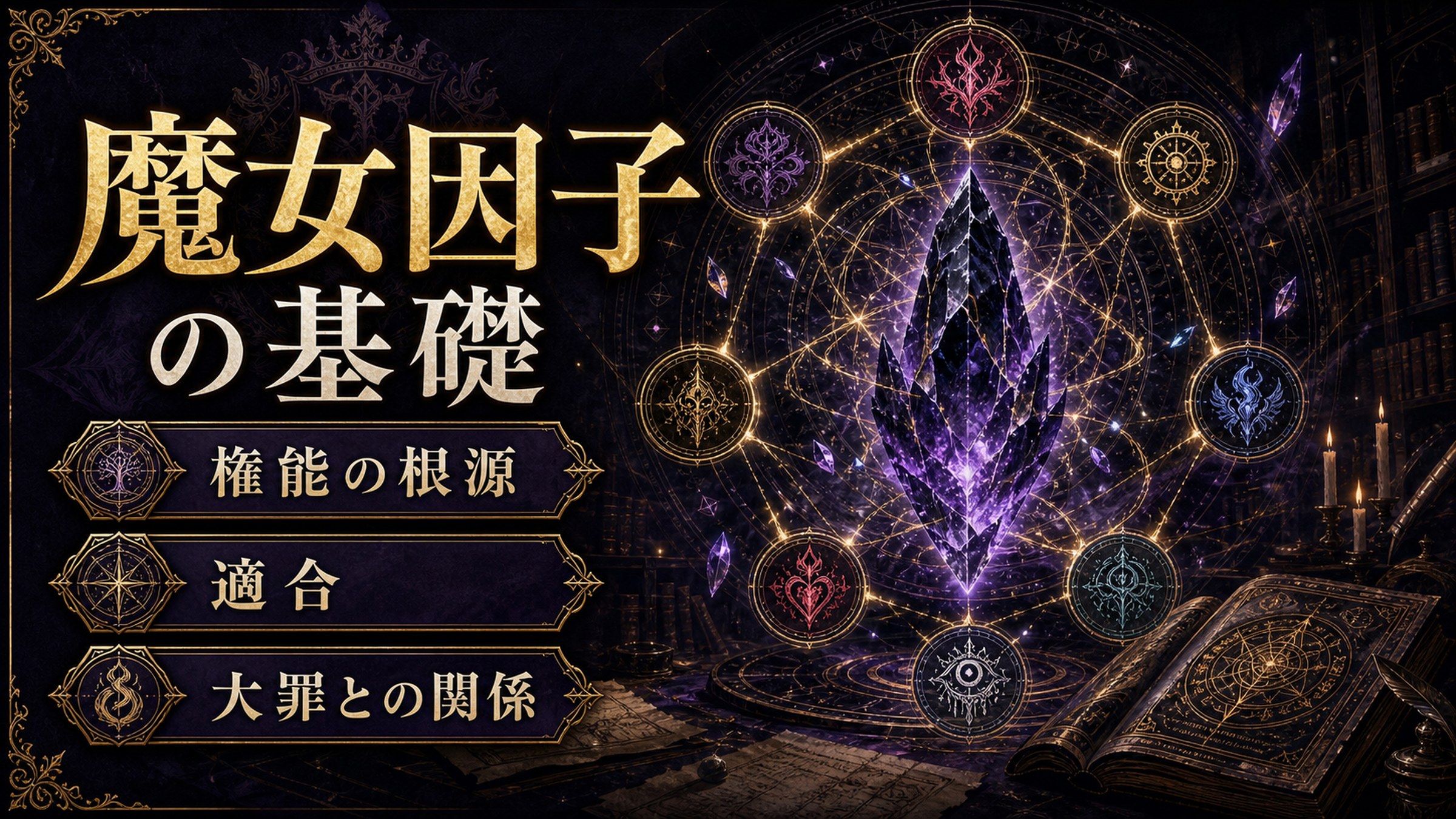 魔女因子の基礎を権能の根源、適合、大罪との関係として整理した図解
