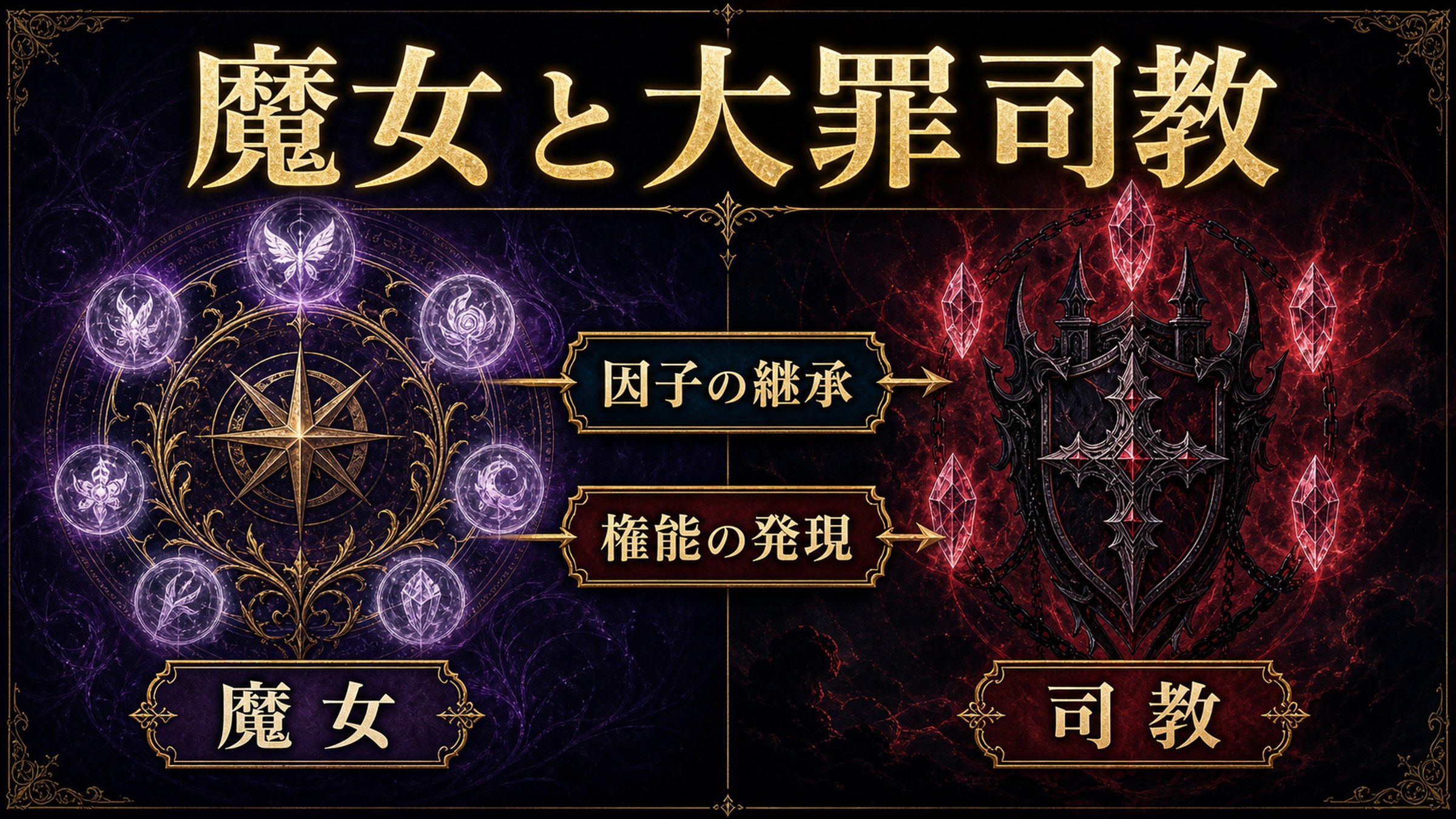 魔女と大罪司教の違いを魔女、司教、因子の継承、権能の発現として整理した図解