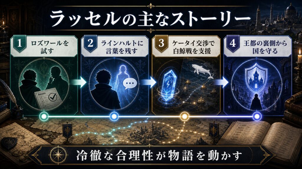 ラッセルの主なストーリーを時系列でまとめた図解