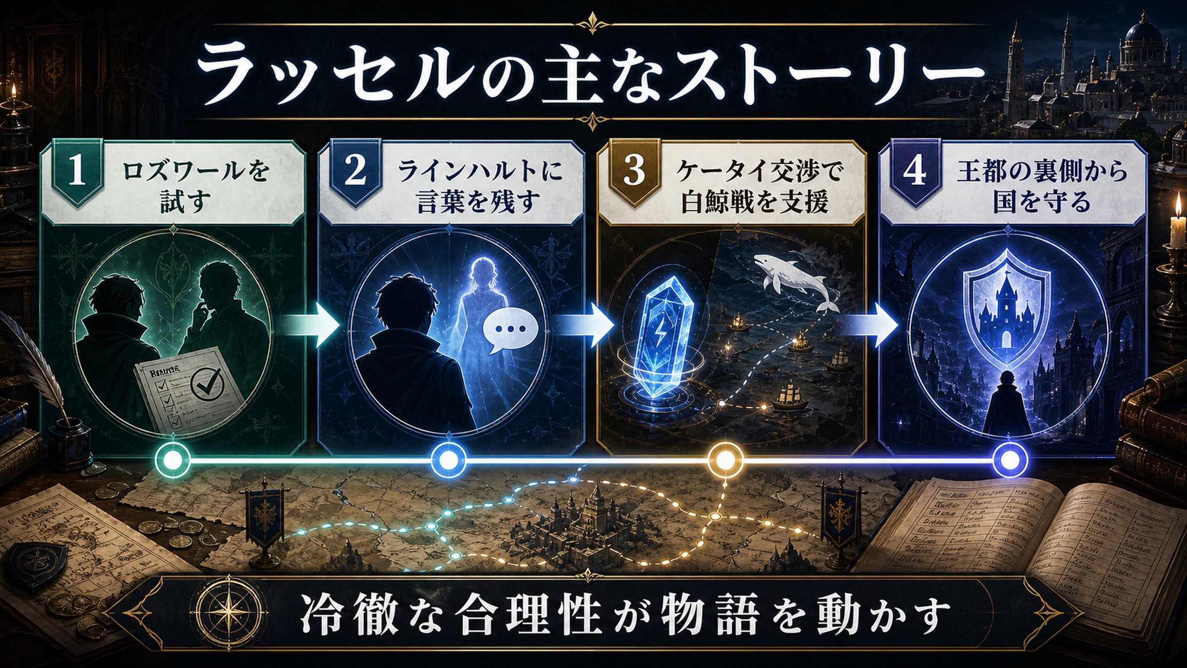 ラッセルの主なストーリーを時系列でまとめた図解