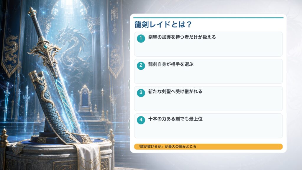 龍剣レイドが剣聖の加護を持つ者だけに扱われ、剣自身が相手を選び受け継がれることを整理した図解