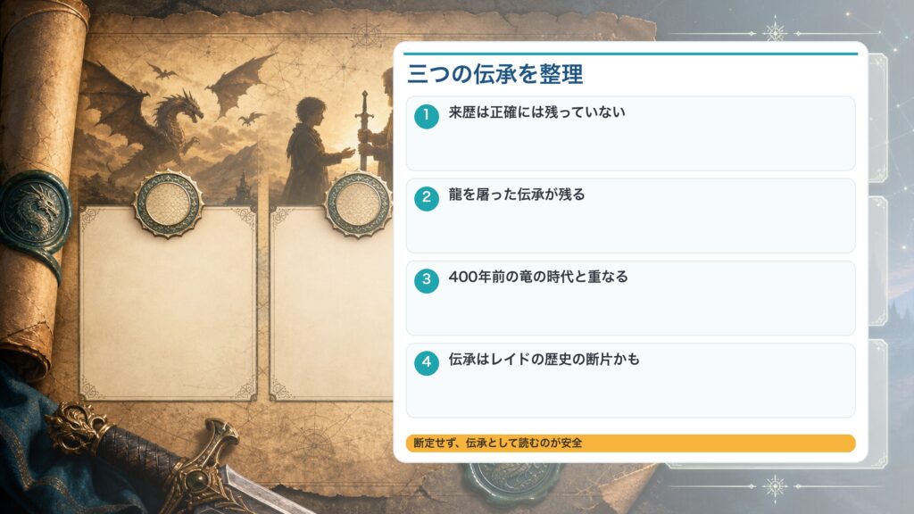 龍剣レイドの三つの伝承と400年前の竜の時代との関係を考察として整理した図解