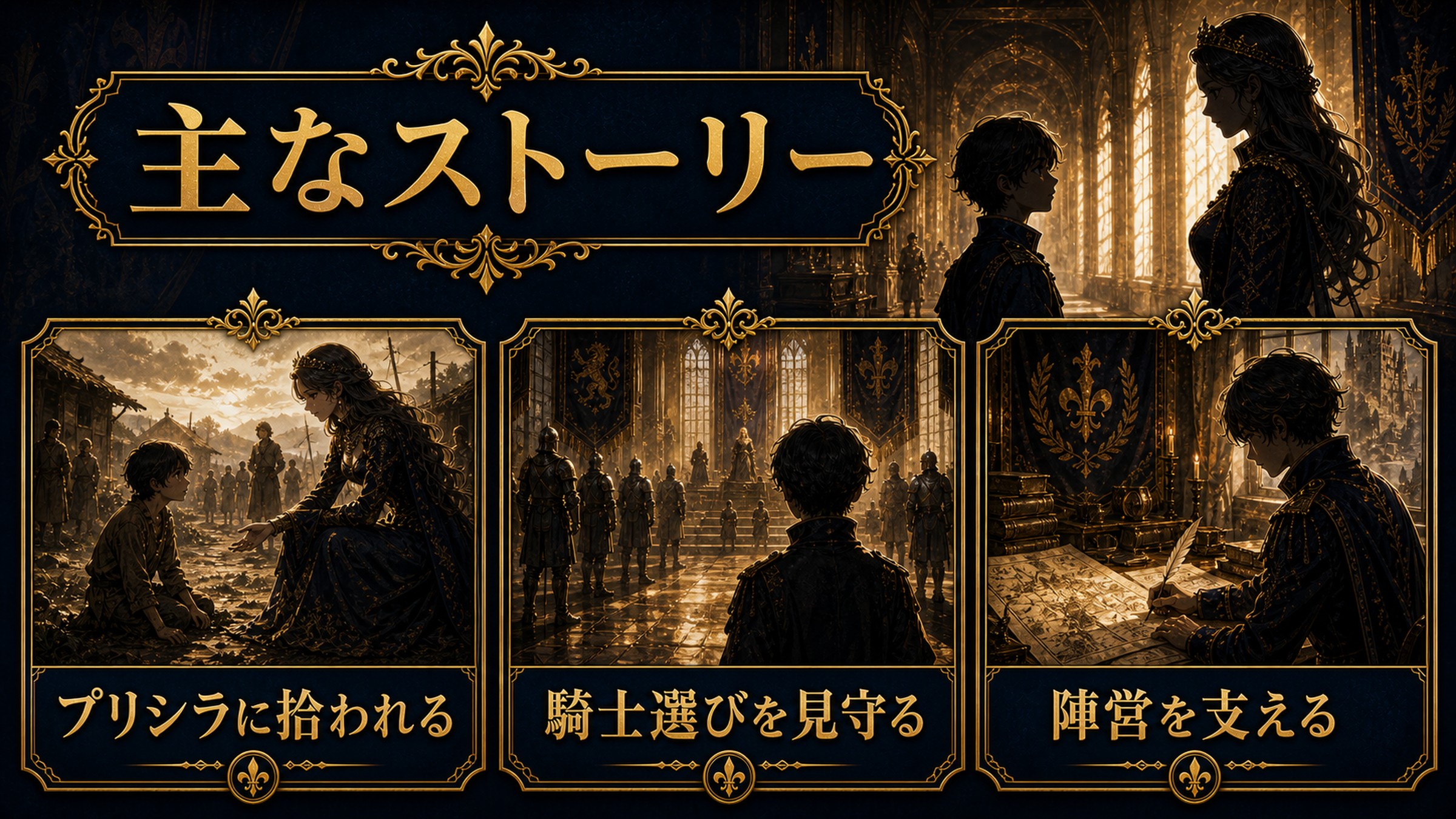 シュルトがプリシラに拾われ騎士選びを見守り陣営を支える流れを整理した図解