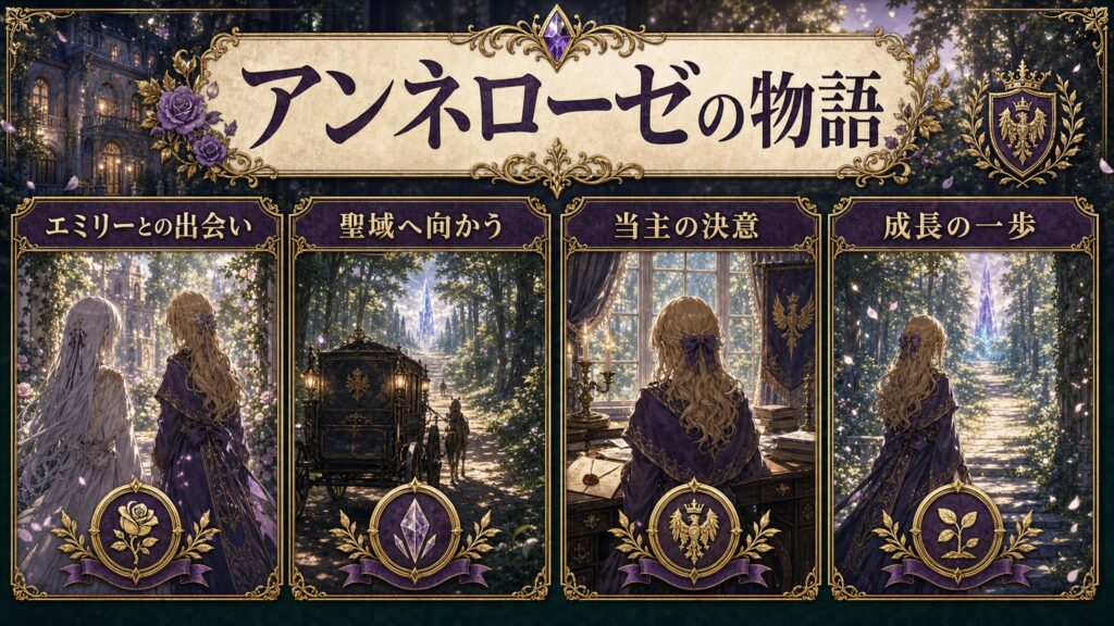 アンネローゼの物語をエミリーとの出会い、聖域へ向かう、当主の決意、成長の一歩として整理した図解