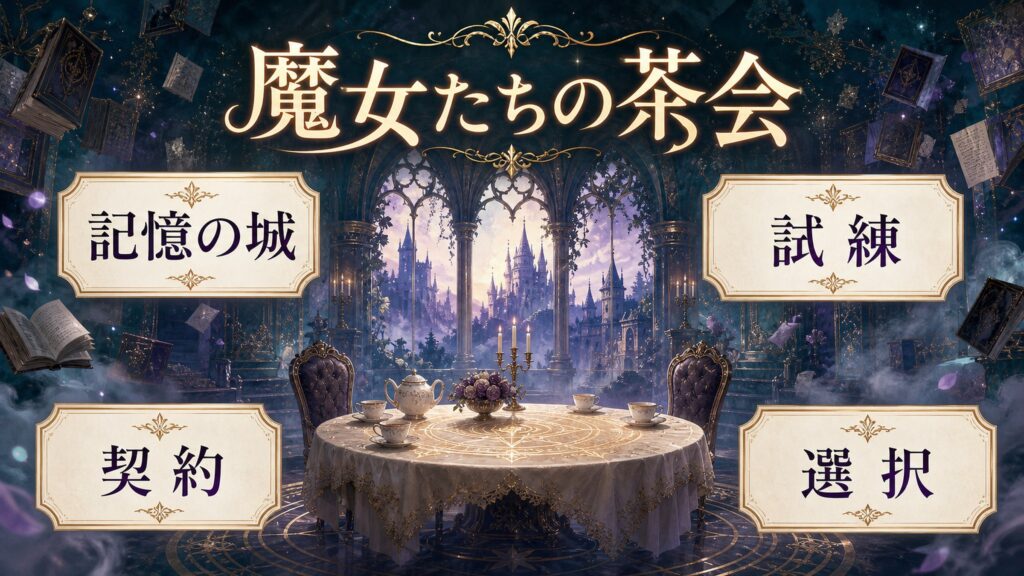 魔女たちの茶会を記憶の城、試練、契約、選択として整理した図解