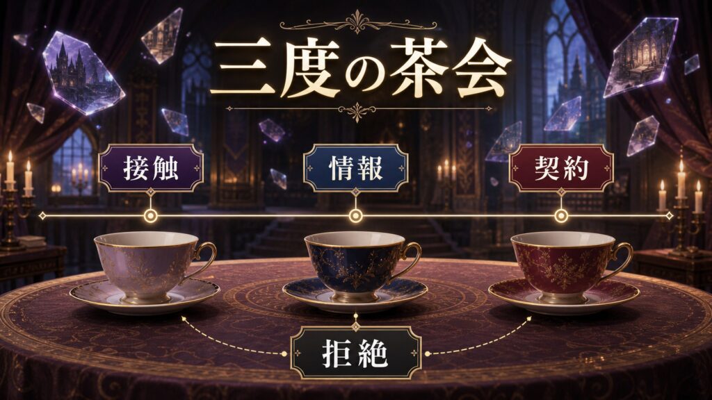 Arc4の三度の茶会を接触、情報、契約、拒絶として整理した図解