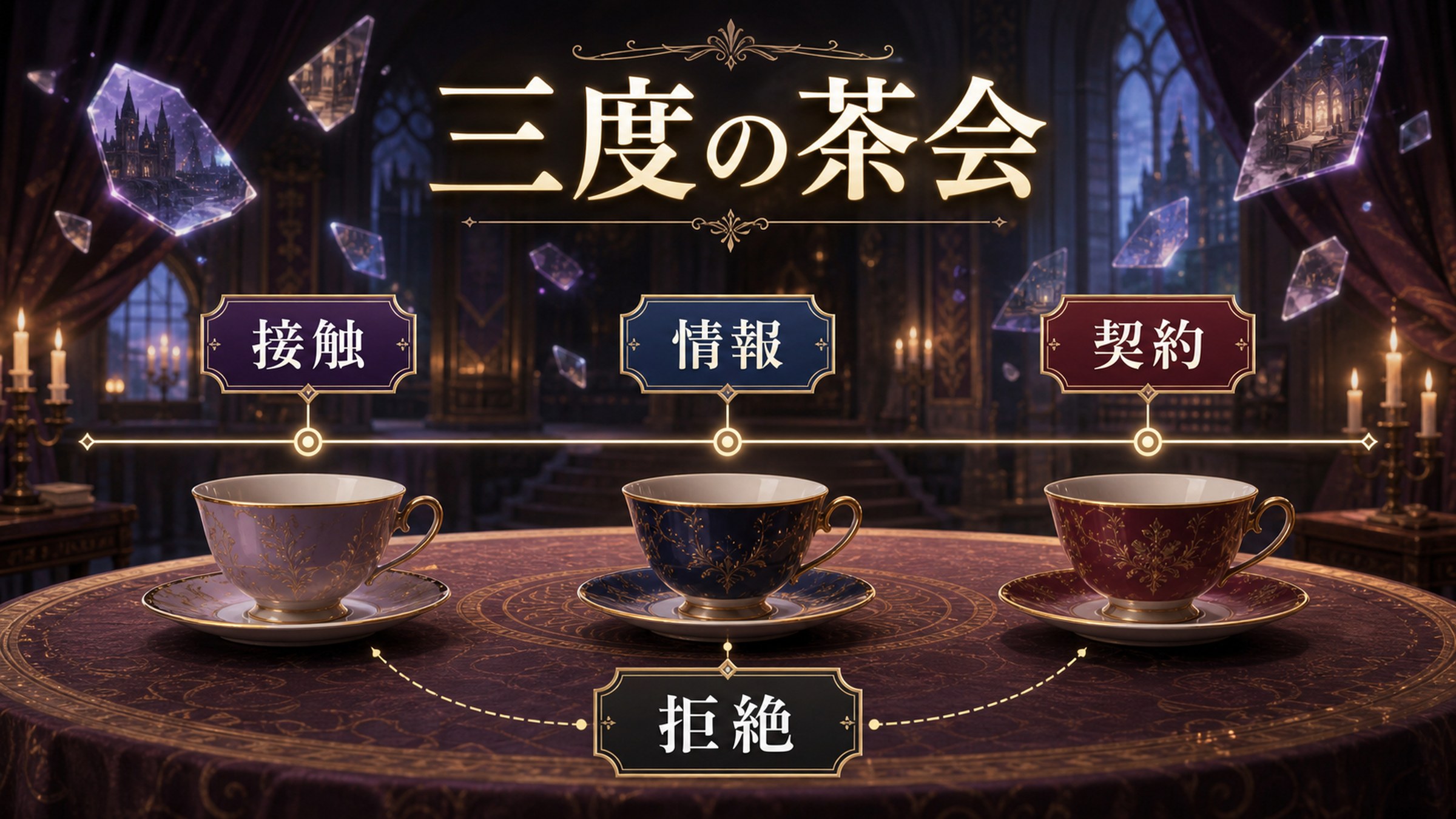 Arc4の三度の茶会を接触、情報、契約、拒絶として整理した図解