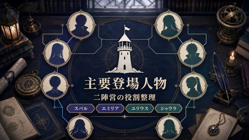 第六章の主要登場人物をスバル、エミリア、ユリウス、シャウラを中心に整理した図解