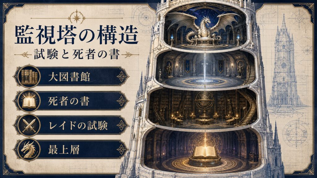 プレアデス監視塔の構造を大図書館、死者の書、レイドの試験、最上層として整理した図解