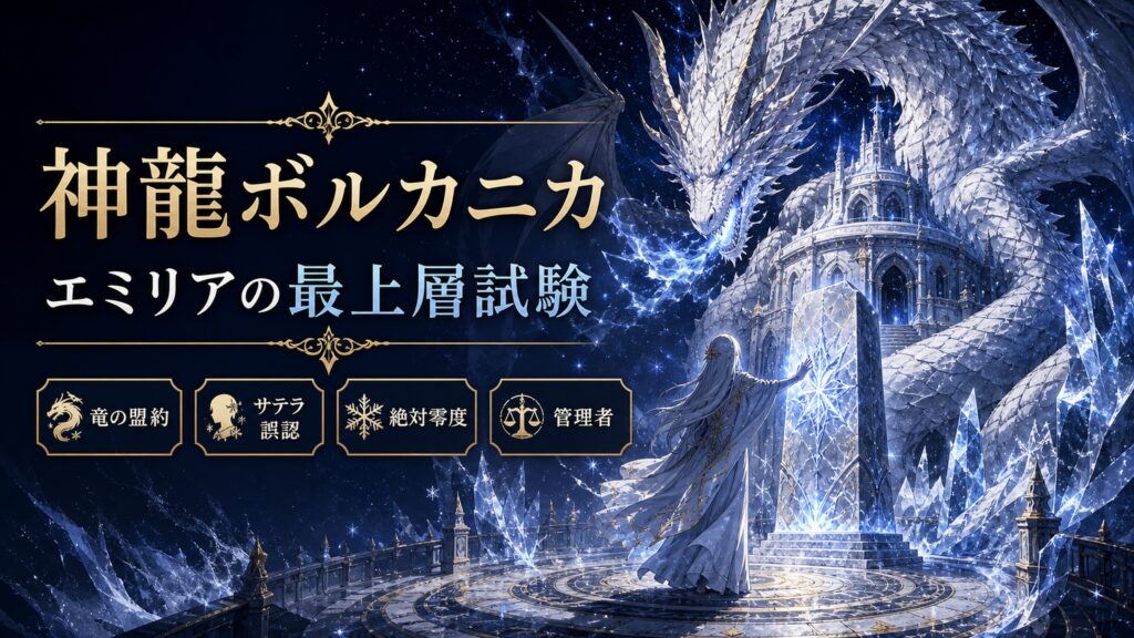 神龍ボルカニカとエミリアの試練を竜の盟約、サテラ誤認、絶対零度、管理者として整理した図解