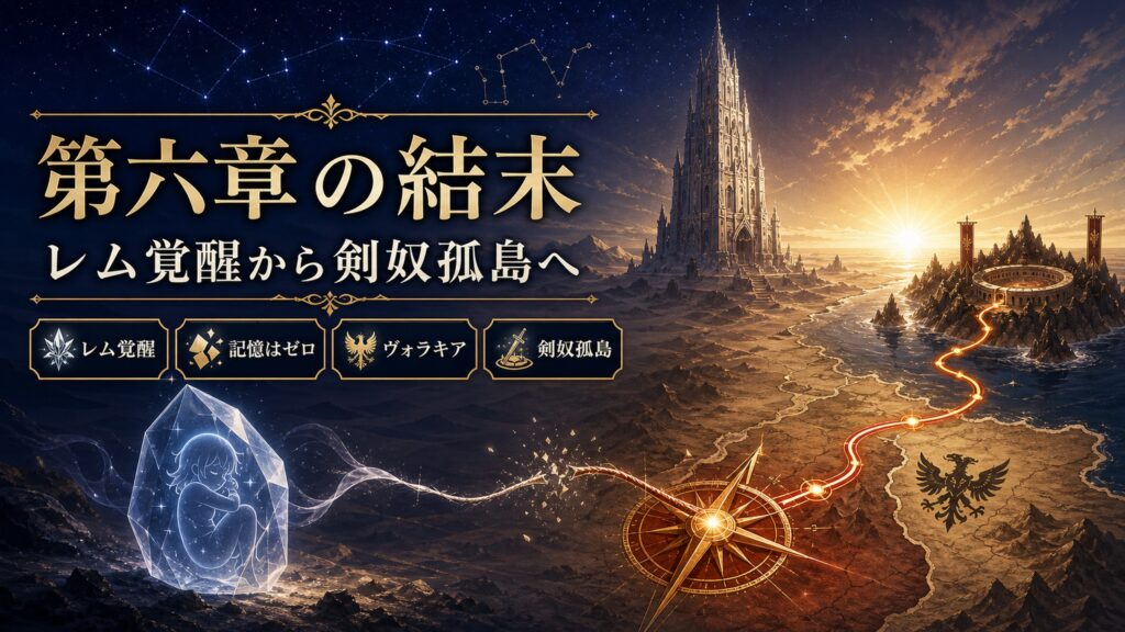 第六章の結末をレム覚醒、記憶はゼロ、ヴォラキア、剣奴孤島として整理した図解