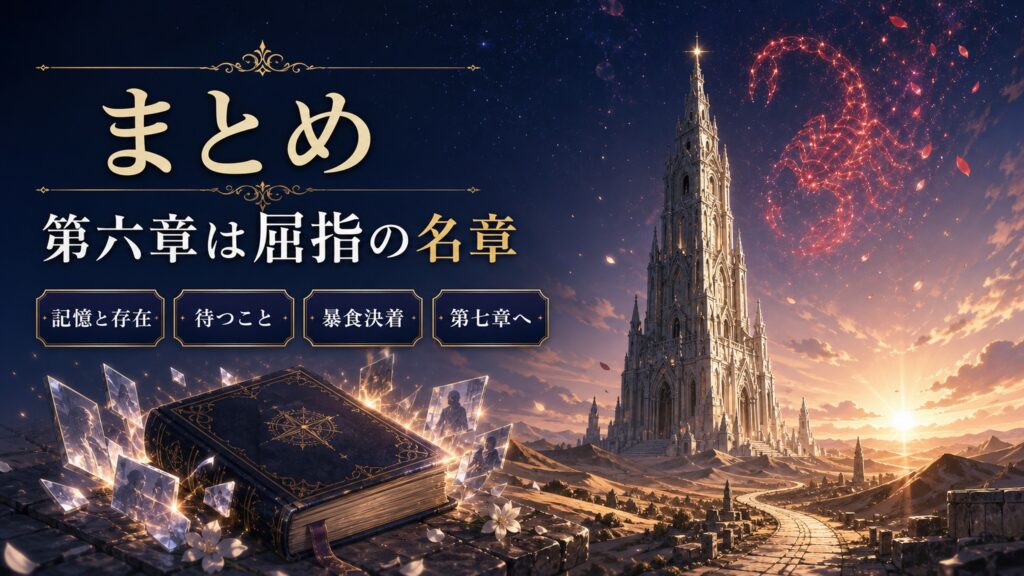 第六章のまとめを記憶と存在、待つこと、暴食決着、第七章へとして整理した図解