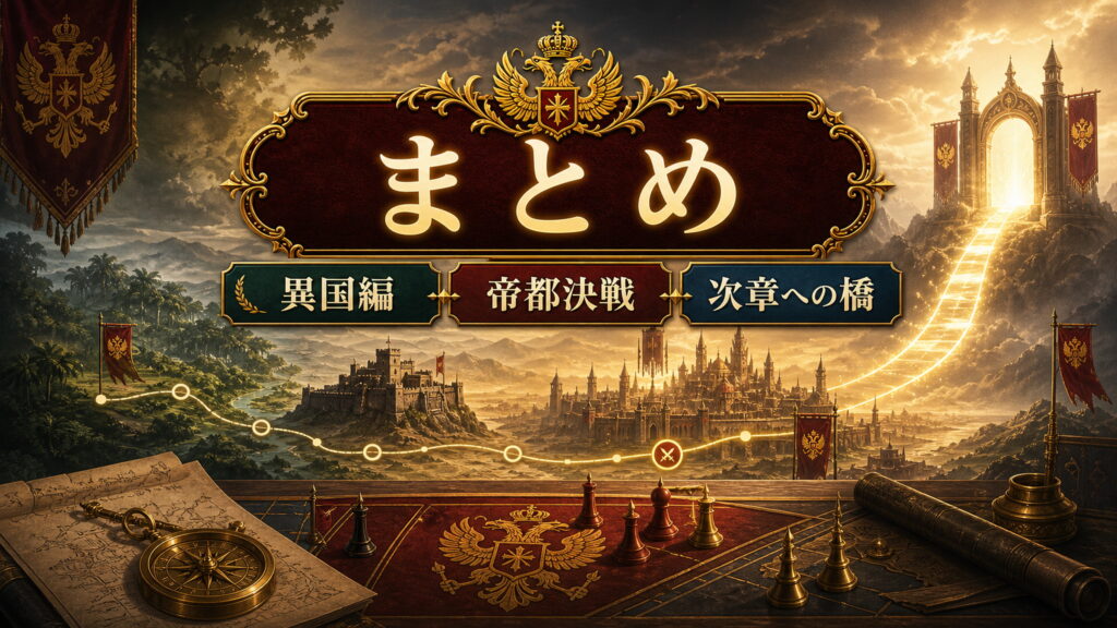 Arc7まとめを異国編、帝都決戦、次章への橋として整理した図解
