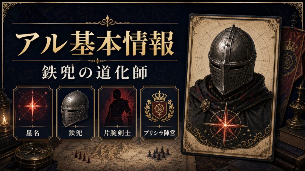 アル基本情報を星名、鉄兜、片腕剣士、プリシラ陣営として整理した図解