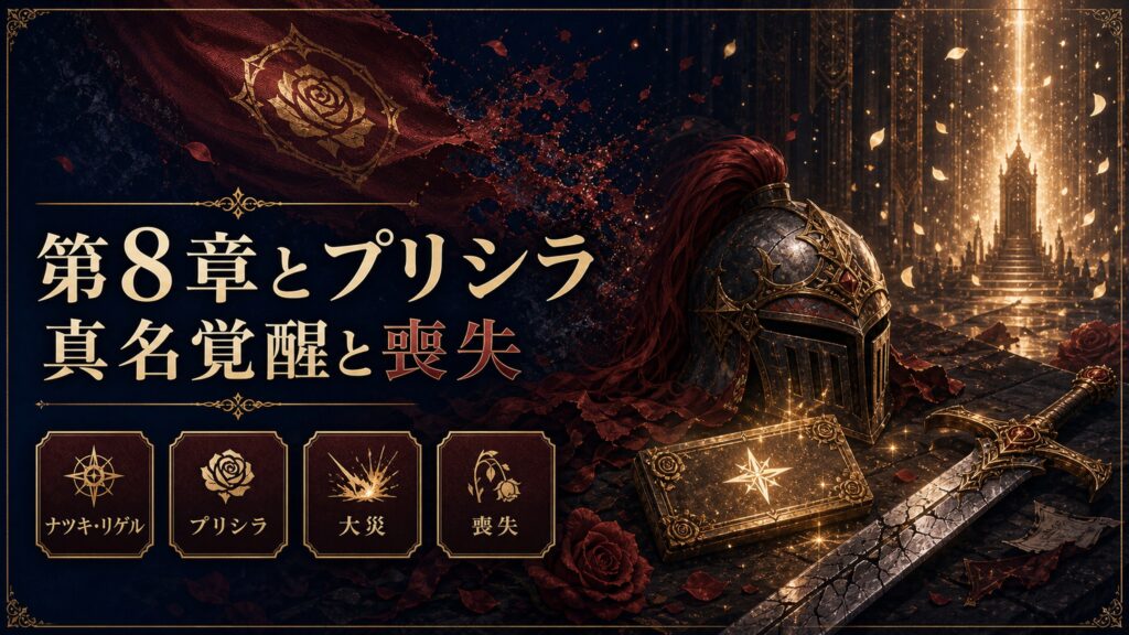 第8章とプリシラをナツキ・リゲル、プリシラ、大災、喪失として整理した図解