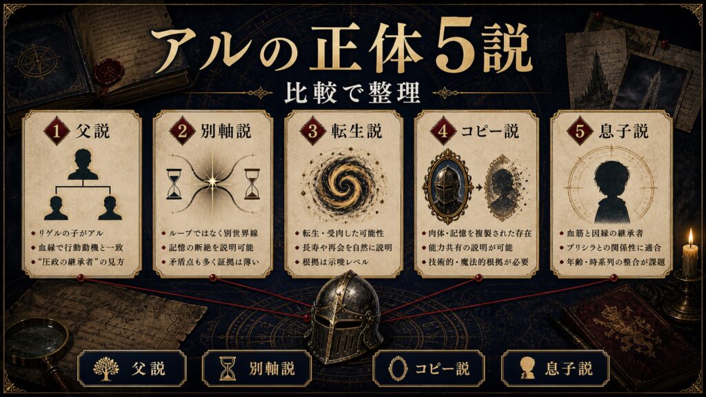 アルの正体5説を父説、別軸説、コピー説、息子説として比較整理した図解