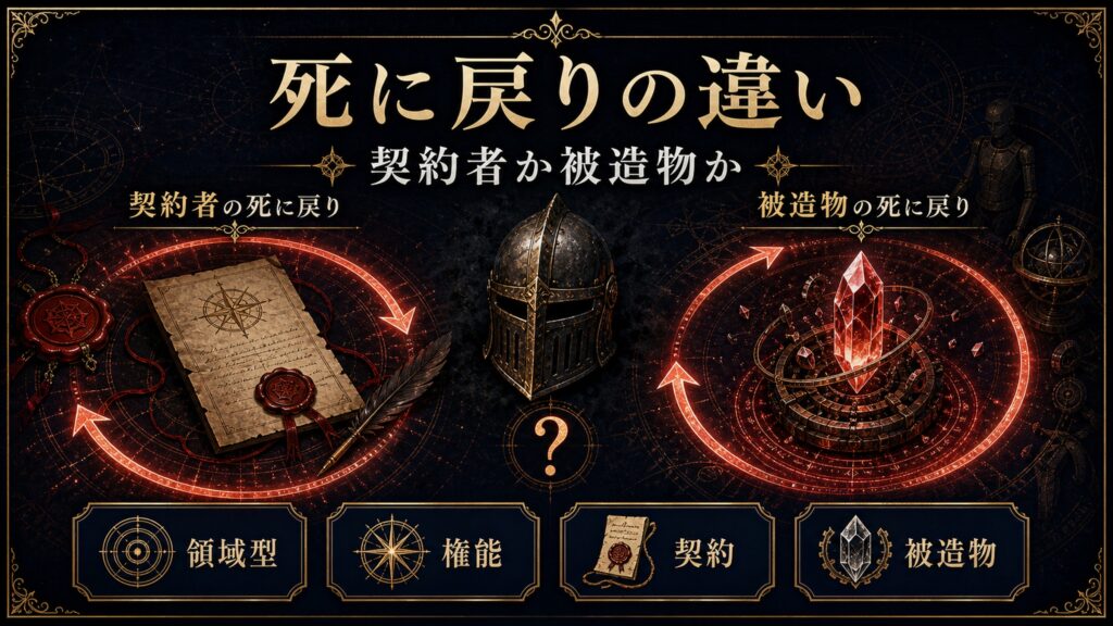 死に戻りメカニズムの違いを領域型、権能、契約、被造物として整理した図解