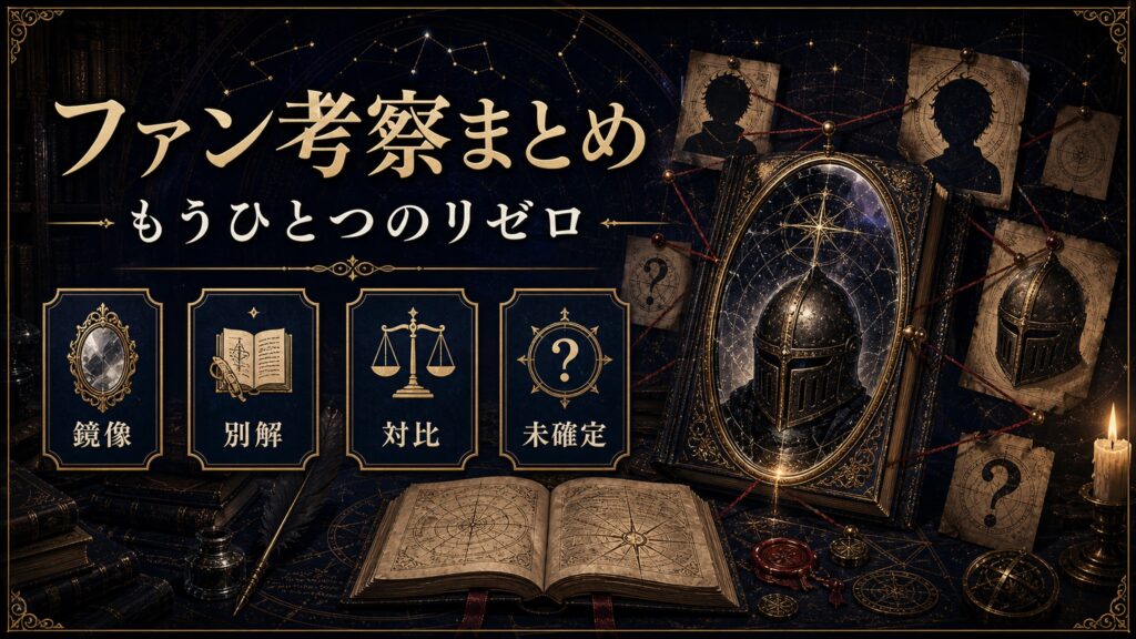 ファン考察まとめを鏡像、別解、対比、未確定として整理した図解