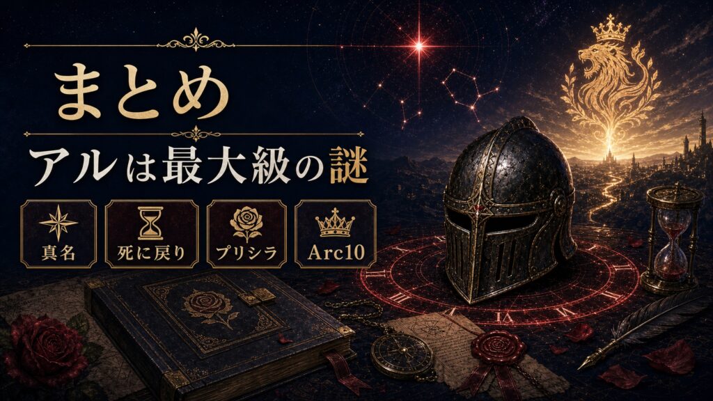アル考察のまとめを真名、死に戻り、プリシラ、Arc10として整理した図解