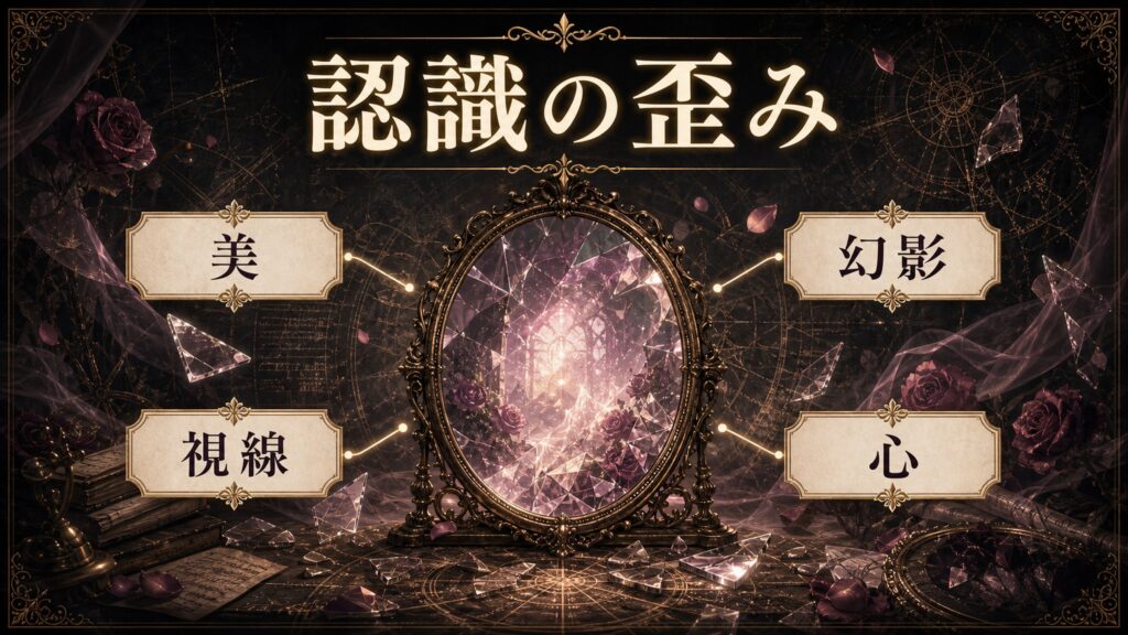 認識の歪みを美、幻影、視線、心として整理した図解