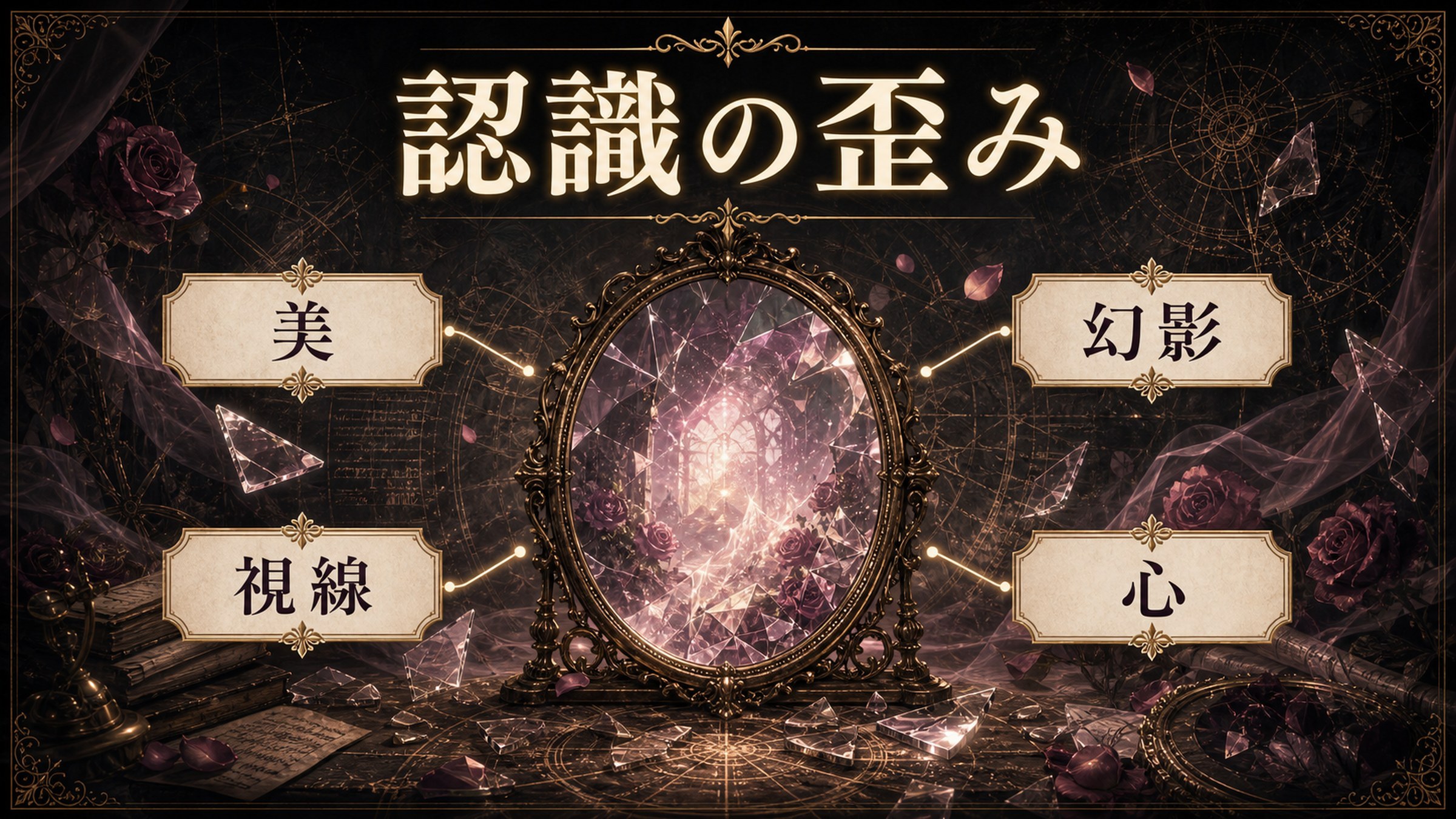 認識の歪みを美、幻影、視線、心として整理した図解