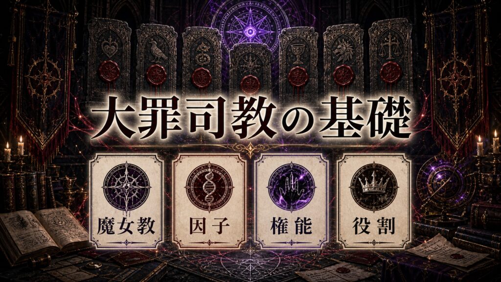 大罪司教の基礎を魔女教、因子、権能、役割として整理した図解