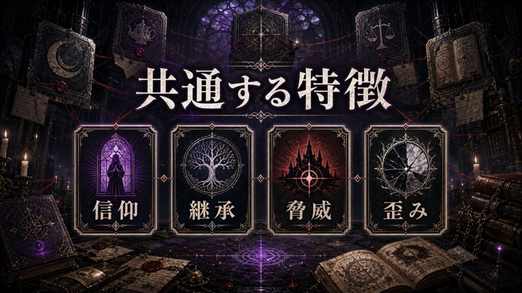 大罪司教に共通する特徴を信仰、継承、脅威、歪みとして整理した図解