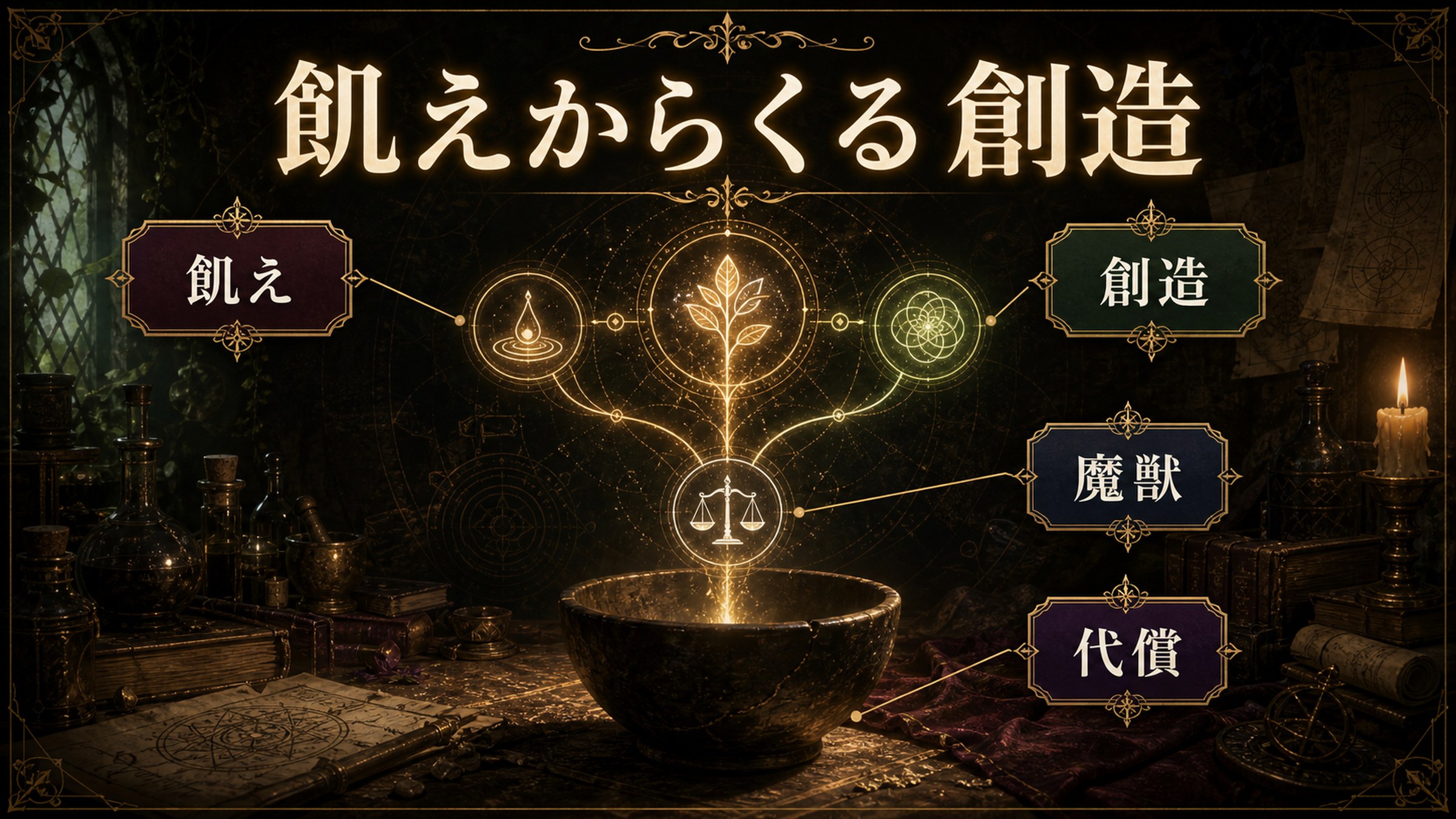 飢えからくる創造を飢え、創造、魔獣、代償として整理した図解
