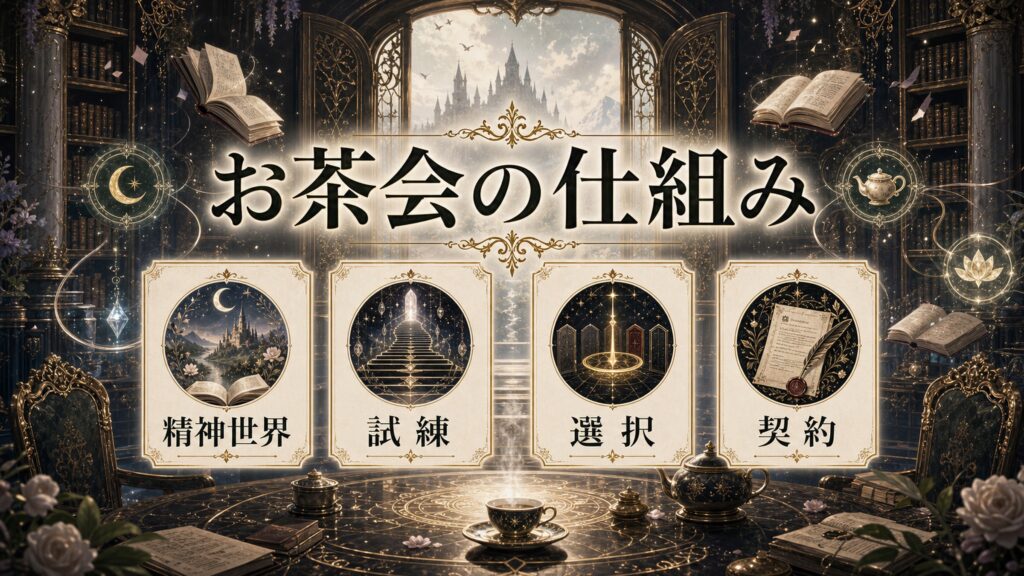 お茶会の仕組みを精神世界、試練、選択、契約として整理した図解