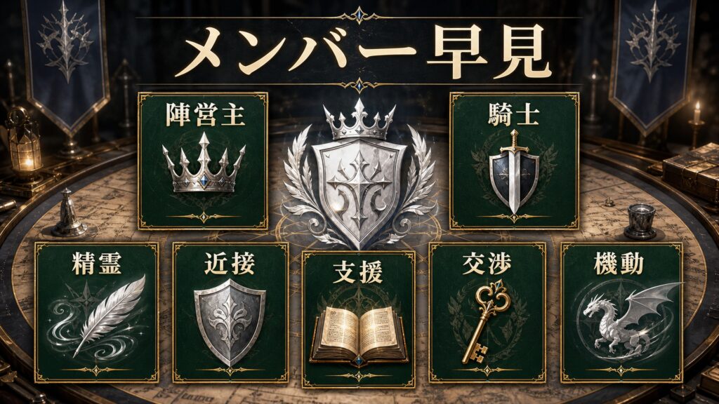 エミリア陣営のメンバーを陣営主、騎士、精霊、近接、支援、交渉、機動の役割で整理した図解