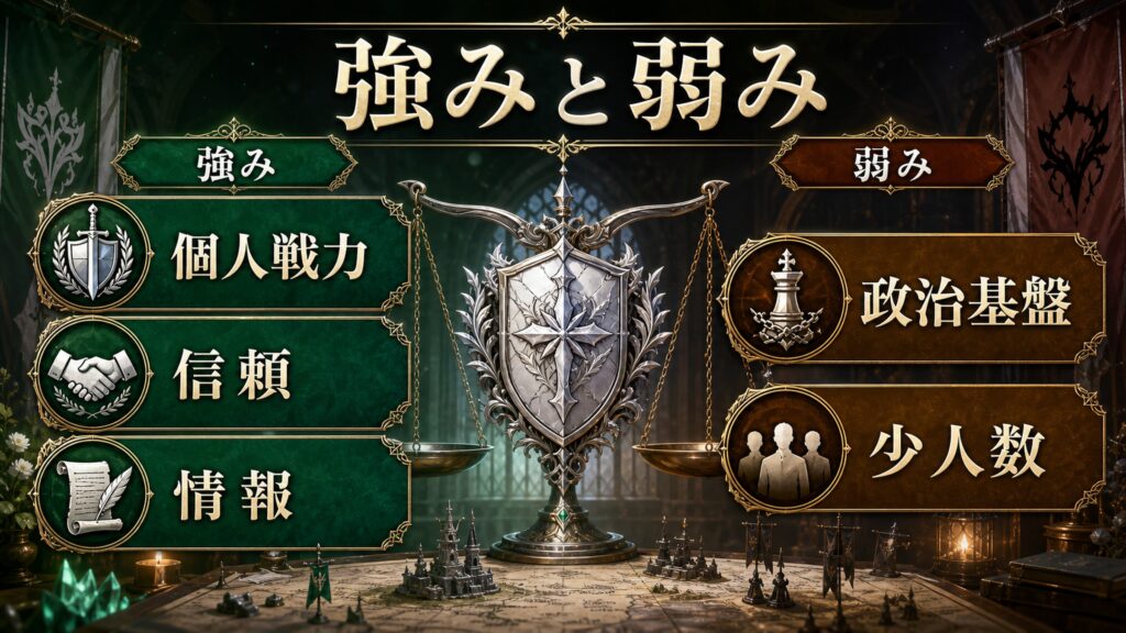 エミリア陣営の強みと弱みを個人戦力、信頼、情報、政治基盤、少人数で整理した図解
