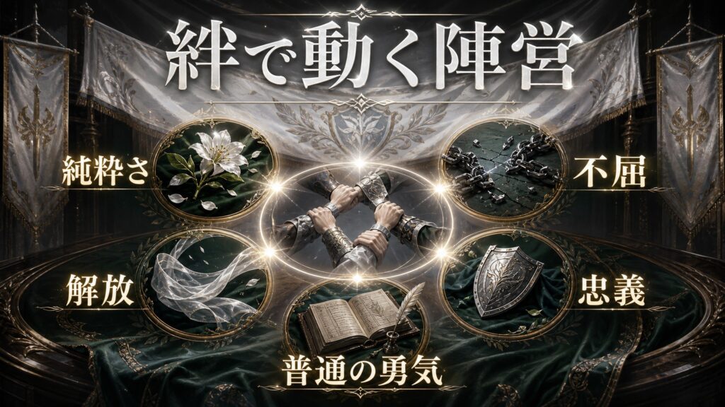 エミリア陣営が体現するものを純粋さ、不屈、解放、忠義、普通の勇気として整理した図解
