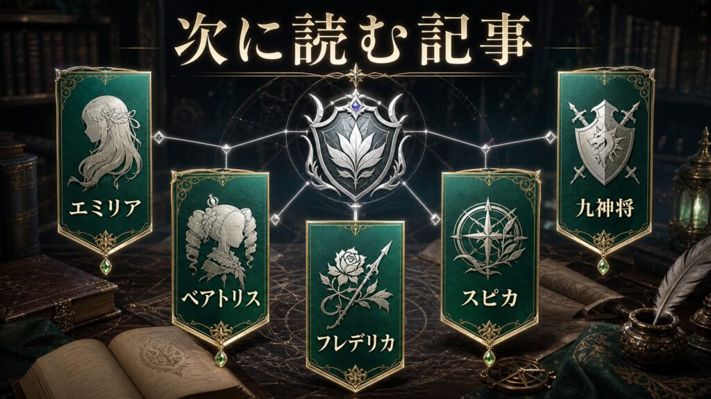 エミリア陣営から次に読む記事をエミリア、ベアトリス、フレデリカ、スピカ、九神将として整理した図解