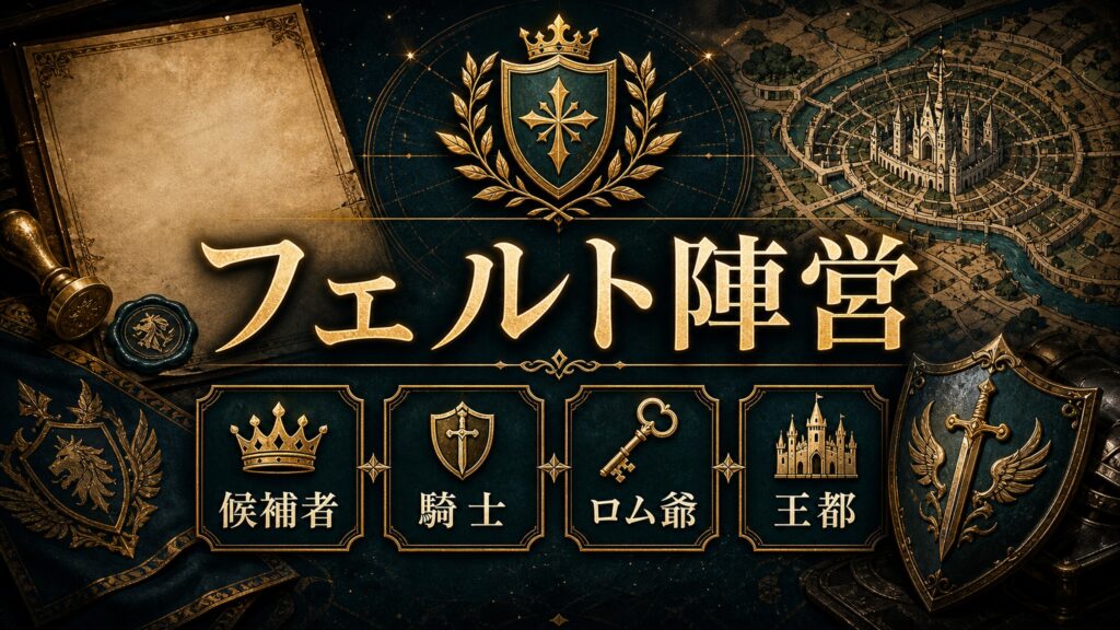 フェルト陣営を候補者、騎士、ロム爺、王都として整理した図解