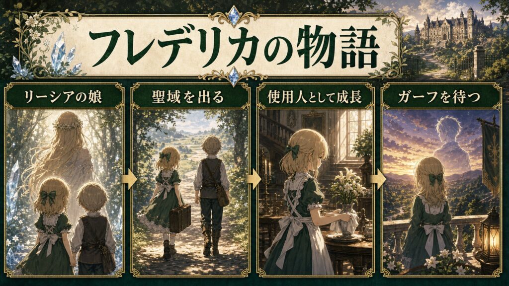 フレデリカの物語をリーシアの娘、聖域を出る、使用人として成長、ガーフを待つとして整理した図解
