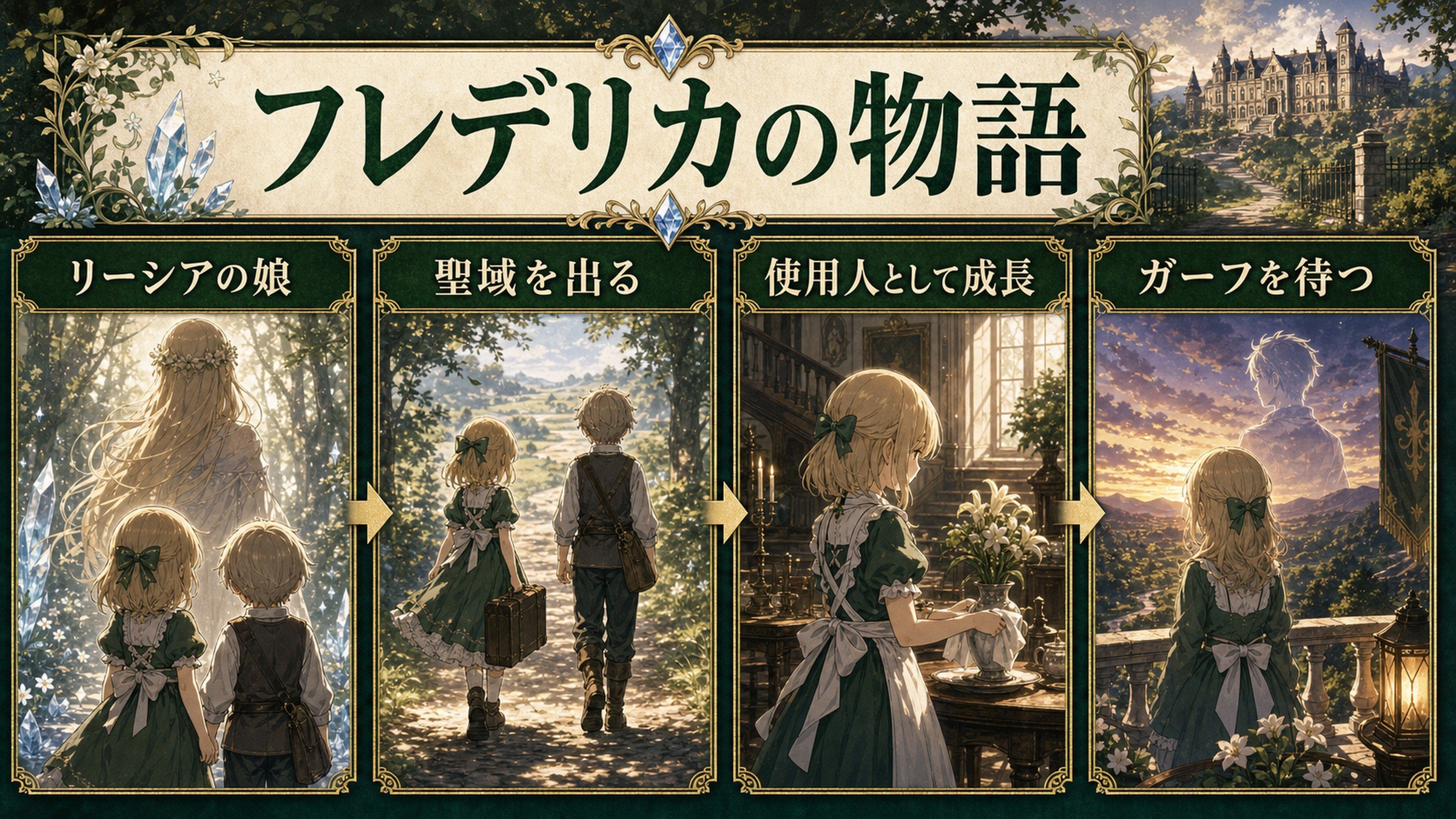 フレデリカの物語をリーシアの娘、聖域を出る、使用人として成長、ガーフを待つとして整理した図解
