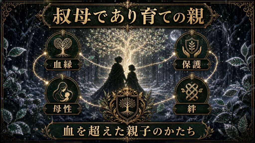叔母であり育ての親という関係を血縁、母性、保護、絆として整理した図解
