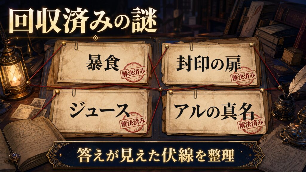 回収済みの伏線を暴食、封印の扉、ジュース、アルの真名として整理した図解