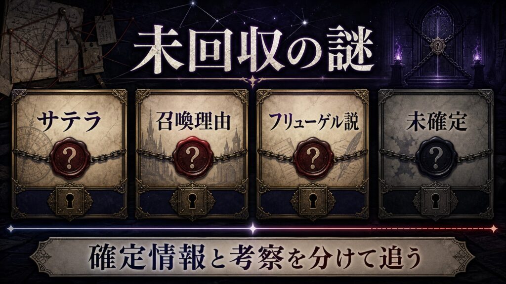 未回収の謎をサテラ、召喚理由、フリューゲル説、未確定として整理した図解