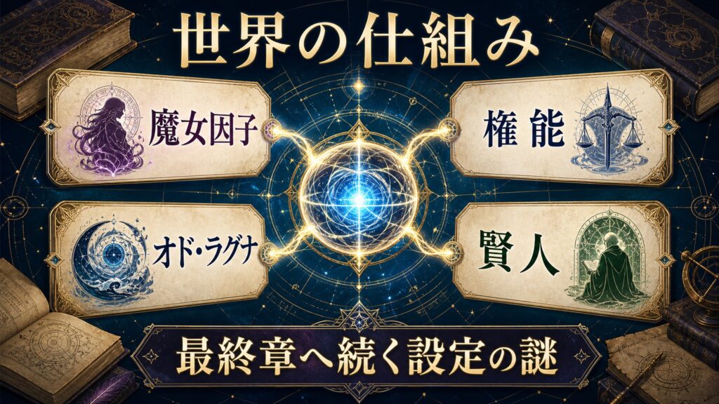 世界の仕組みを魔女因子、権能、オド・ラグナ、賢人として整理した図解