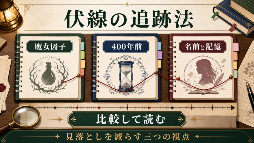伏線の追跡法を魔女因子、400年前、名前と記憶、比較して読むとして整理した図解