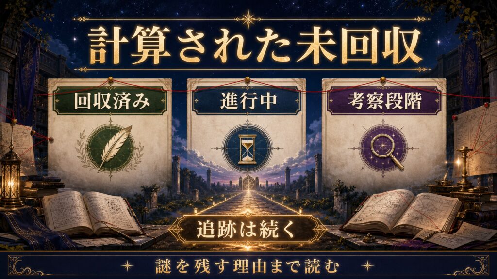 計算された未回収を回収済み、進行中、考察段階、追跡は続くとして整理した図解
