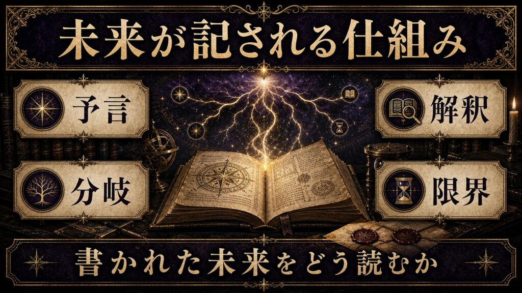 未来が記される仕組みを予言、分岐、解釈、限界として整理した図解