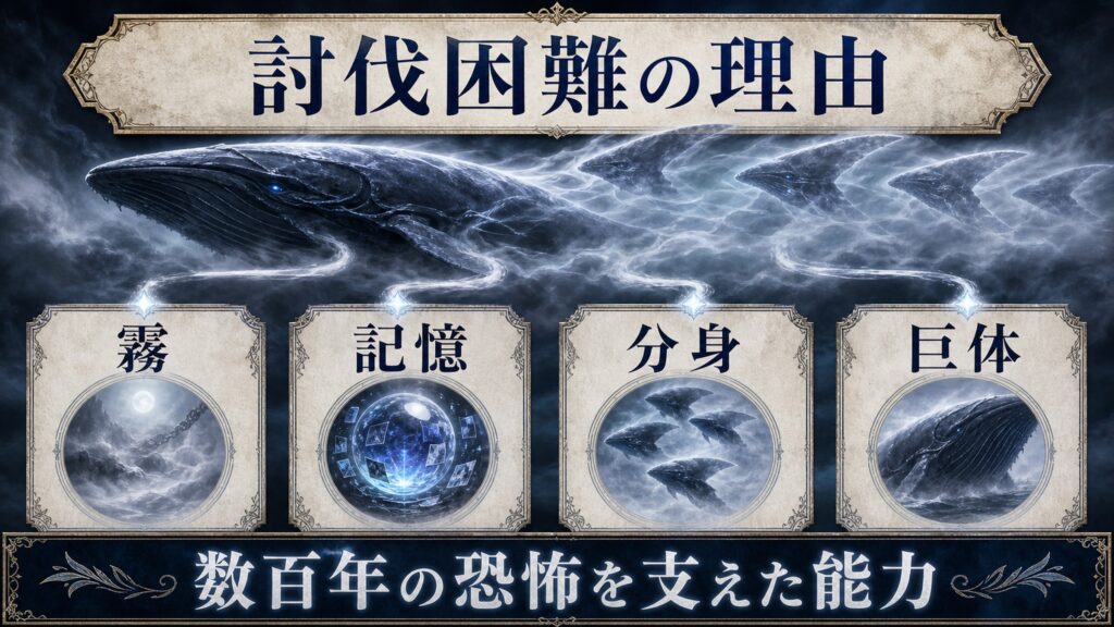 討伐困難の理由を霧、記憶、分身、巨体として整理した図解