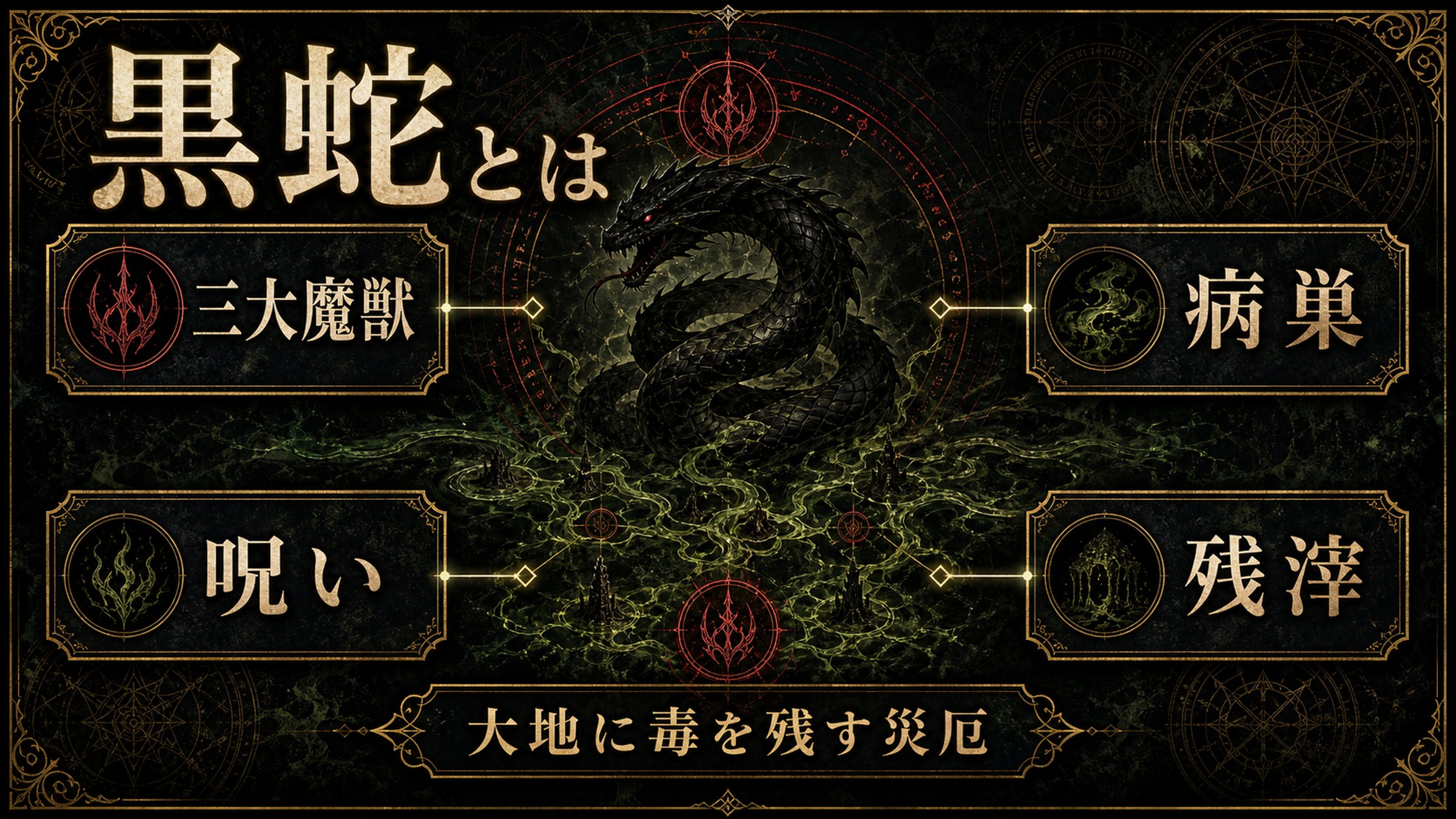 黒蛇の基礎を三大魔獣、病巣、呪い、残滓として整理した図解