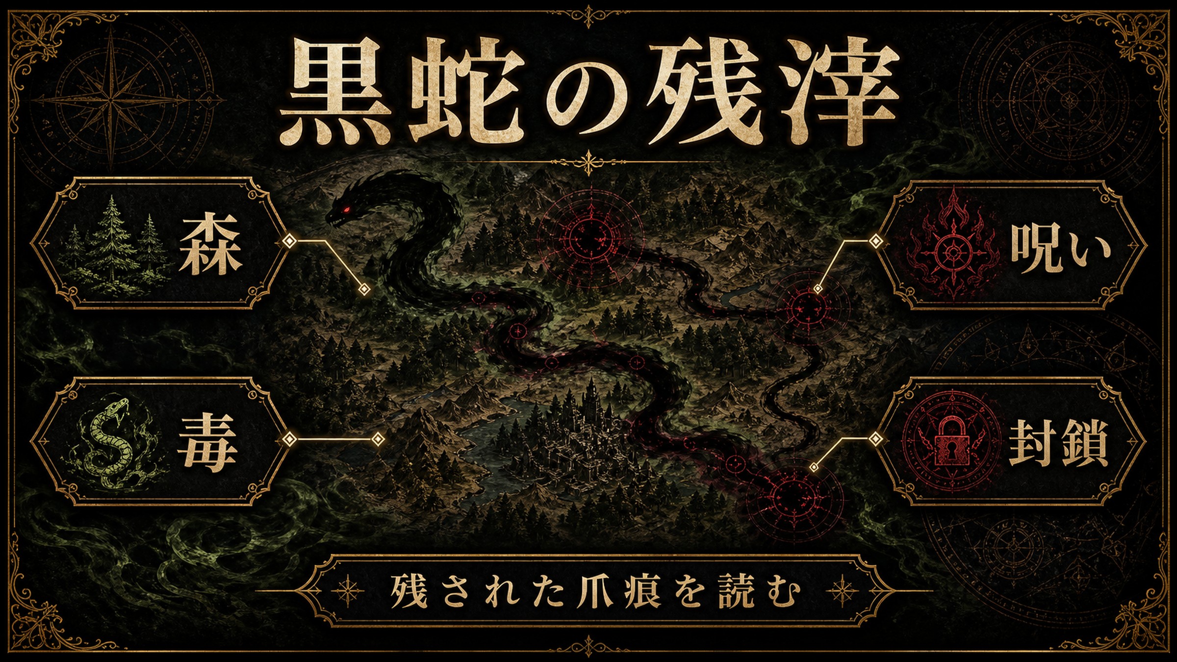 黒蛇の残滓を森、毒、呪い、封鎖として整理した図解