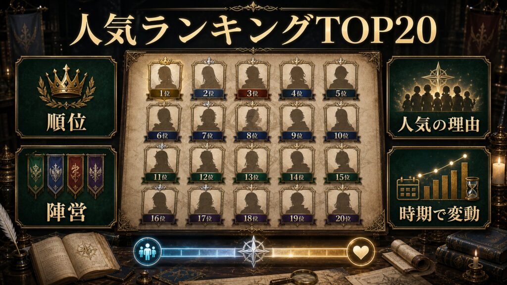 人気キャラランキングTOP20を順位、陣営、人気の理由、時期で変動として整理した図解