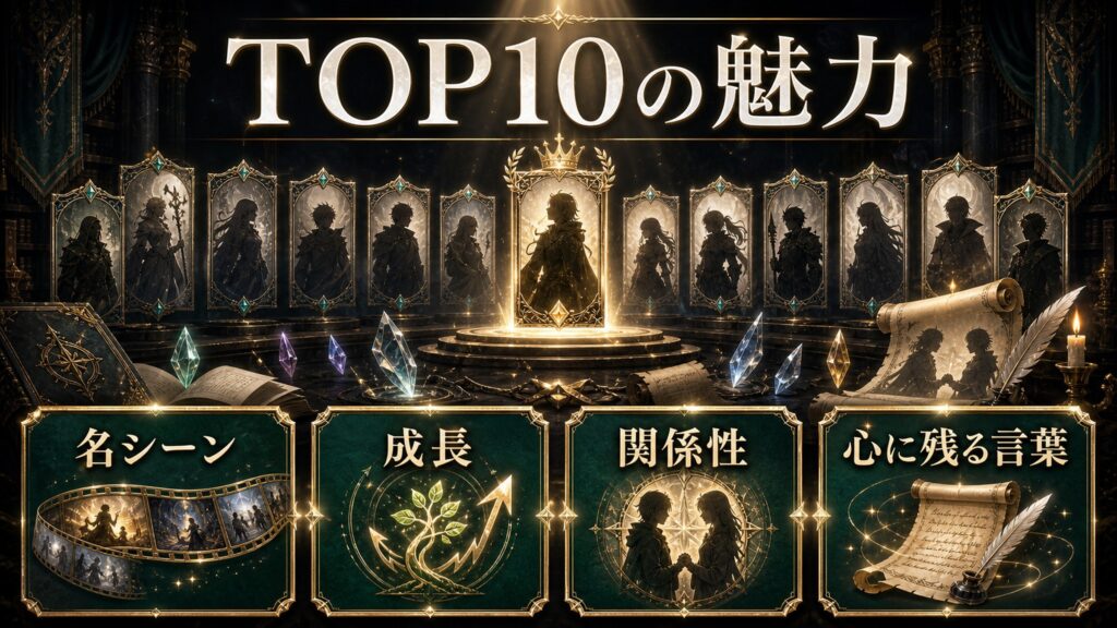 TOP10キャラの魅力を名シーン、成長、関係性、心に残る言葉として整理した図解