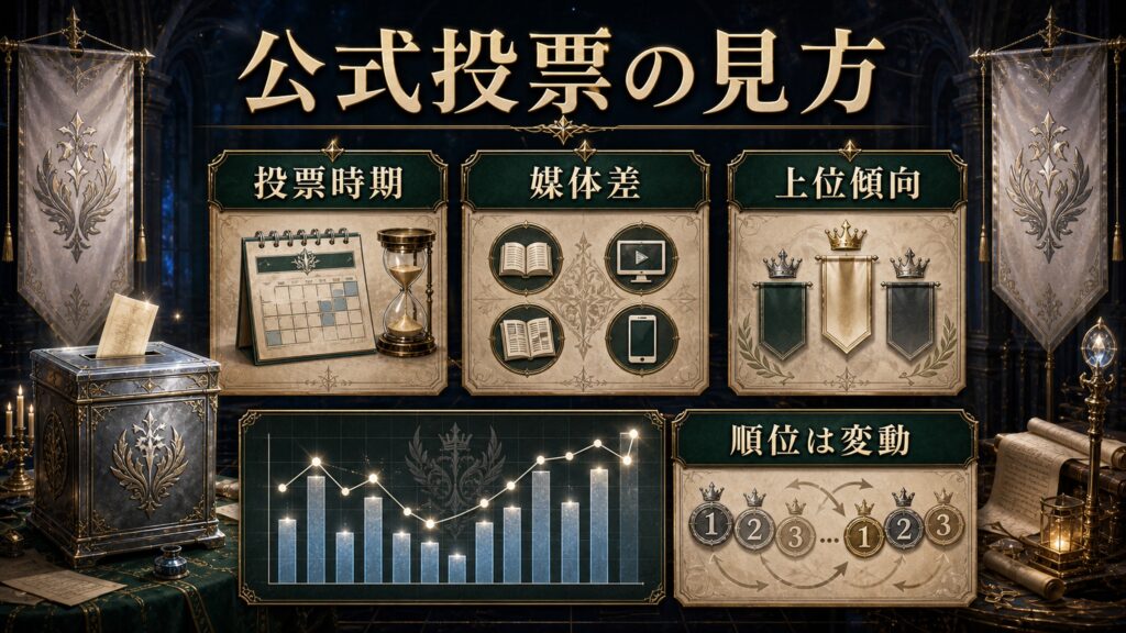 公式人気投票の見方を投票時期、媒体差、上位傾向、順位は変動として整理した図解