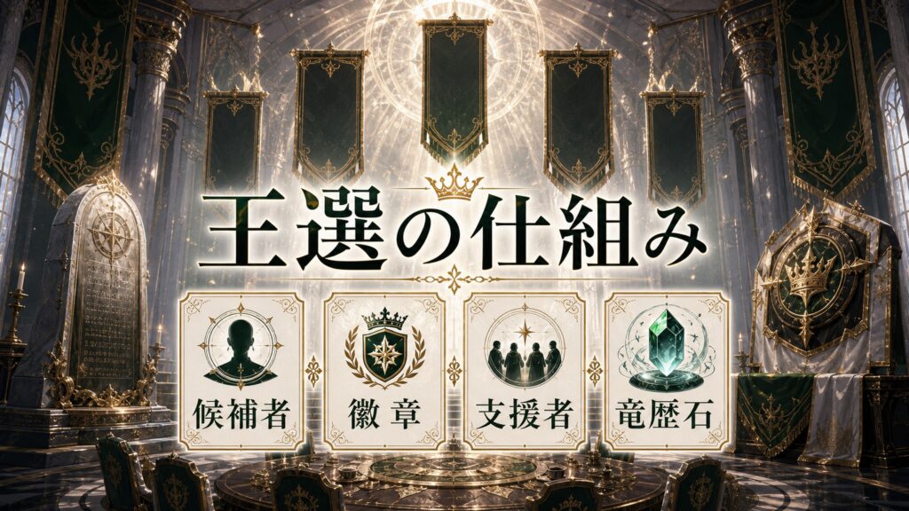王選の仕組みを候補者、徽章、支援者、竜歴石として整理した図解